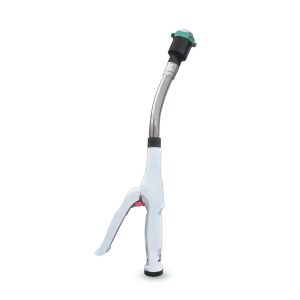 Disposable circular stapler device with white handle and green anvil head, unpackaged