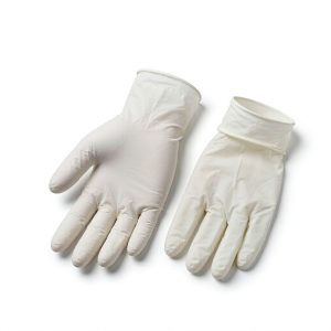 Disposable sterile rubber surgical gloves, white, powder-free, unpackaged on white background