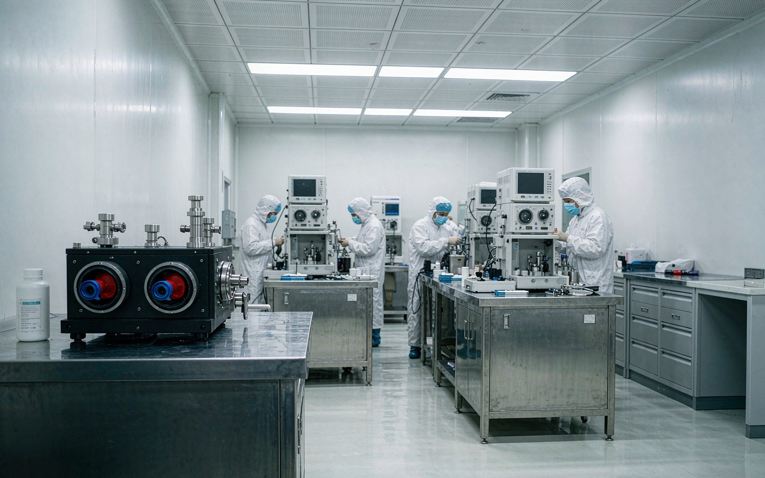 Technicians assembling anesthesia machine units in a cleanroom