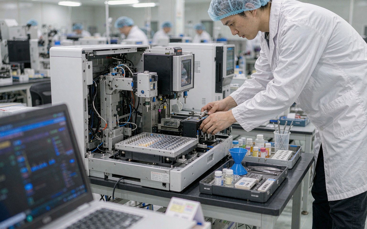 Technician calibrating an automated biochemistry analyzer