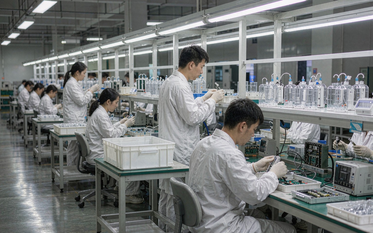 Workers assembling infusion pumps on a production line