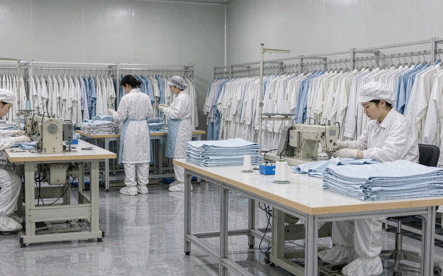Operators sewing surgical gowns in a cleanroom garment workshop