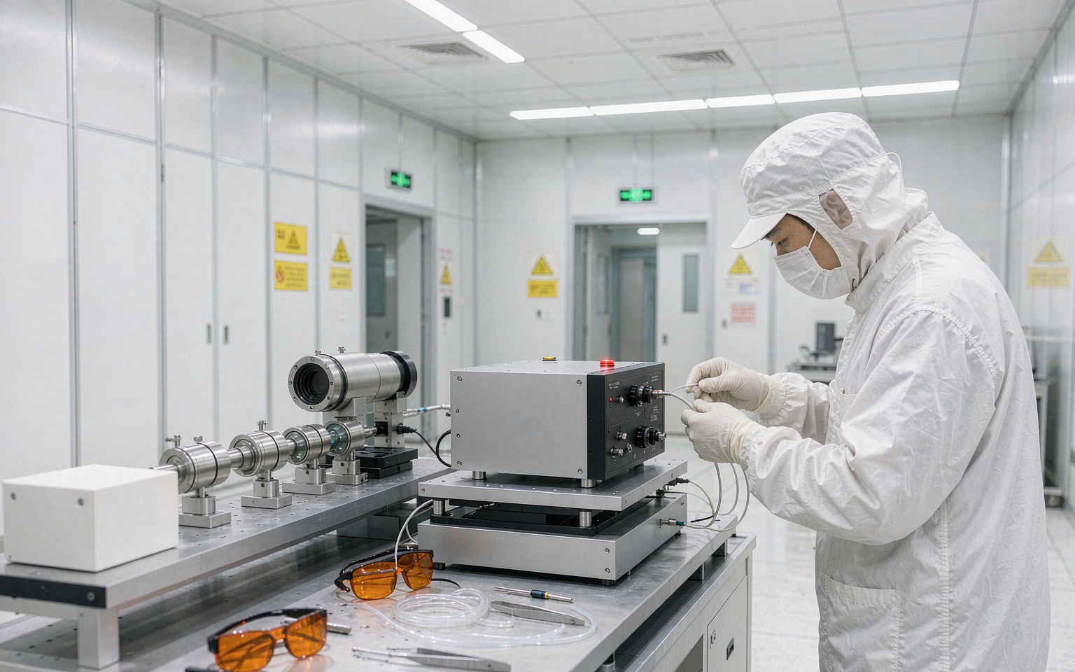 Technician coupling optical fiber to a surgical laser unit in a cleanroom