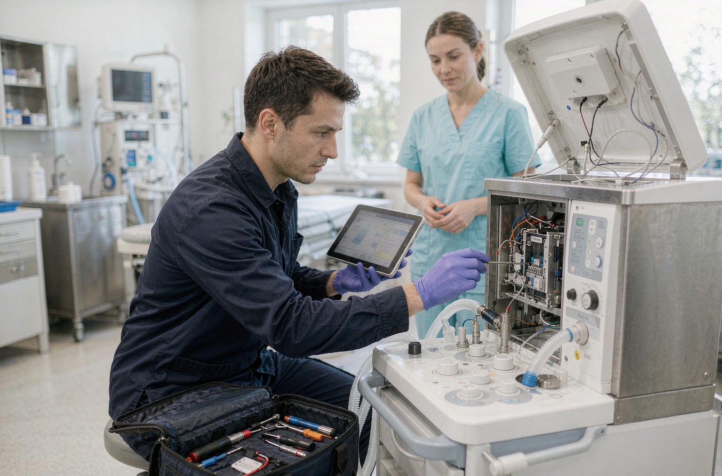Service engineer servicing a veterinary anesthesia machine in a clinic