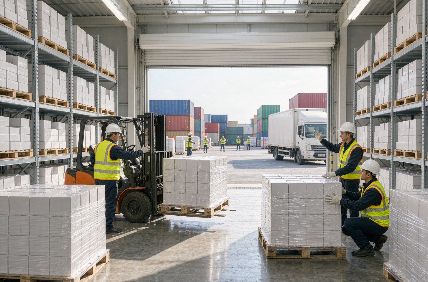 Workers moving palletized cartons of medical supplies in a warehouse with shipping containers outside